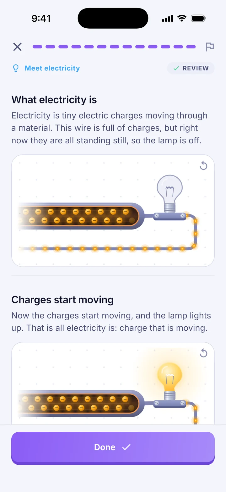A concept lesson from Meet electricity: charges stand still and the lamp is off, then the charges move and the lamp lights up.