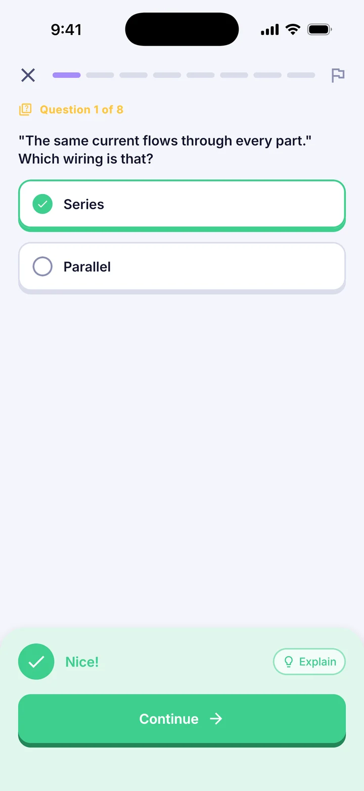 A quiz question about series and parallel wiring, answered correctly.